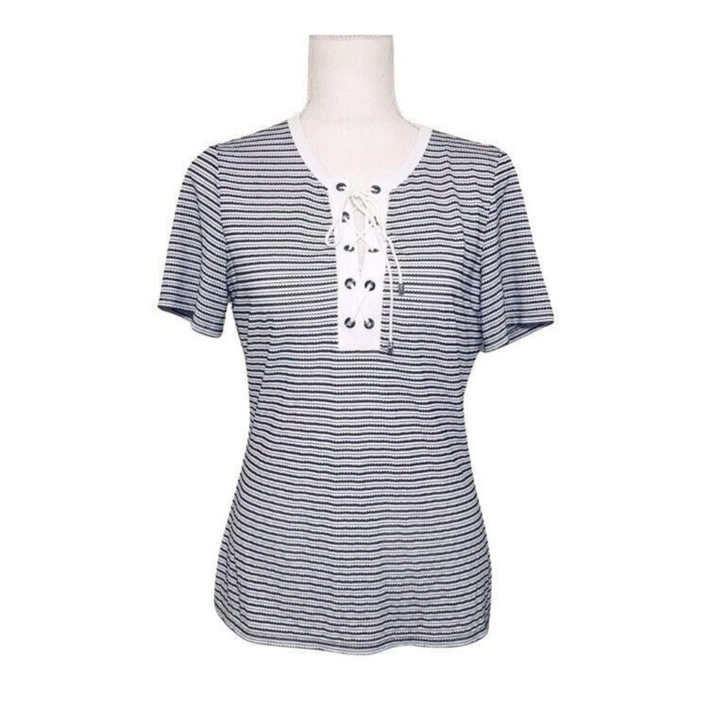St. John Striped Top Size Small Fitted Stretchy Black White Short Sleeve